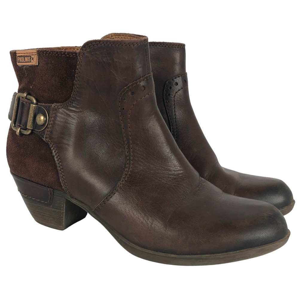 PIKOLINOS Leather Suede Side Zip Ankle Boots Womens 35 US 4.5-5 Brown Block Heel